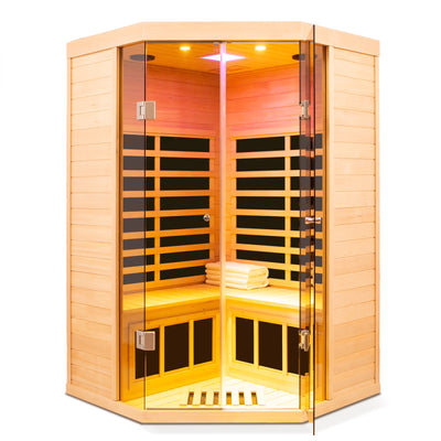 2-Person Corner Far Infrared Sauna – Hemlock & Glass Front