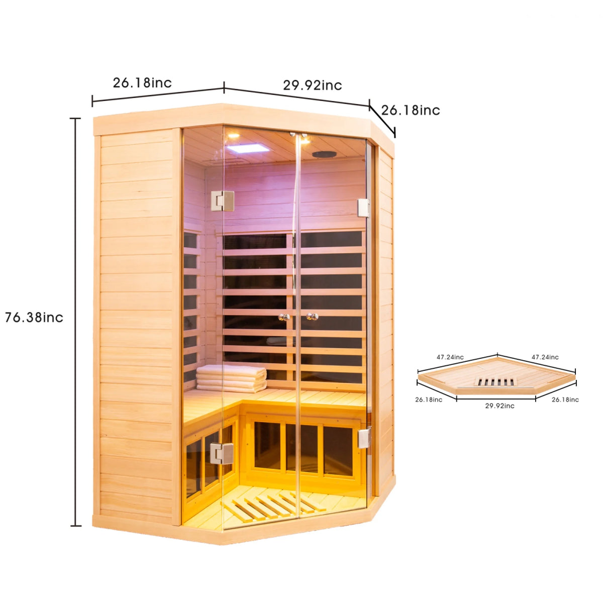 2-Person Corner Far Infrared Sauna Room - Hemlock Wood, Deluxe Transparent Glass Front, Large Capacity Home Sauna — product view 9