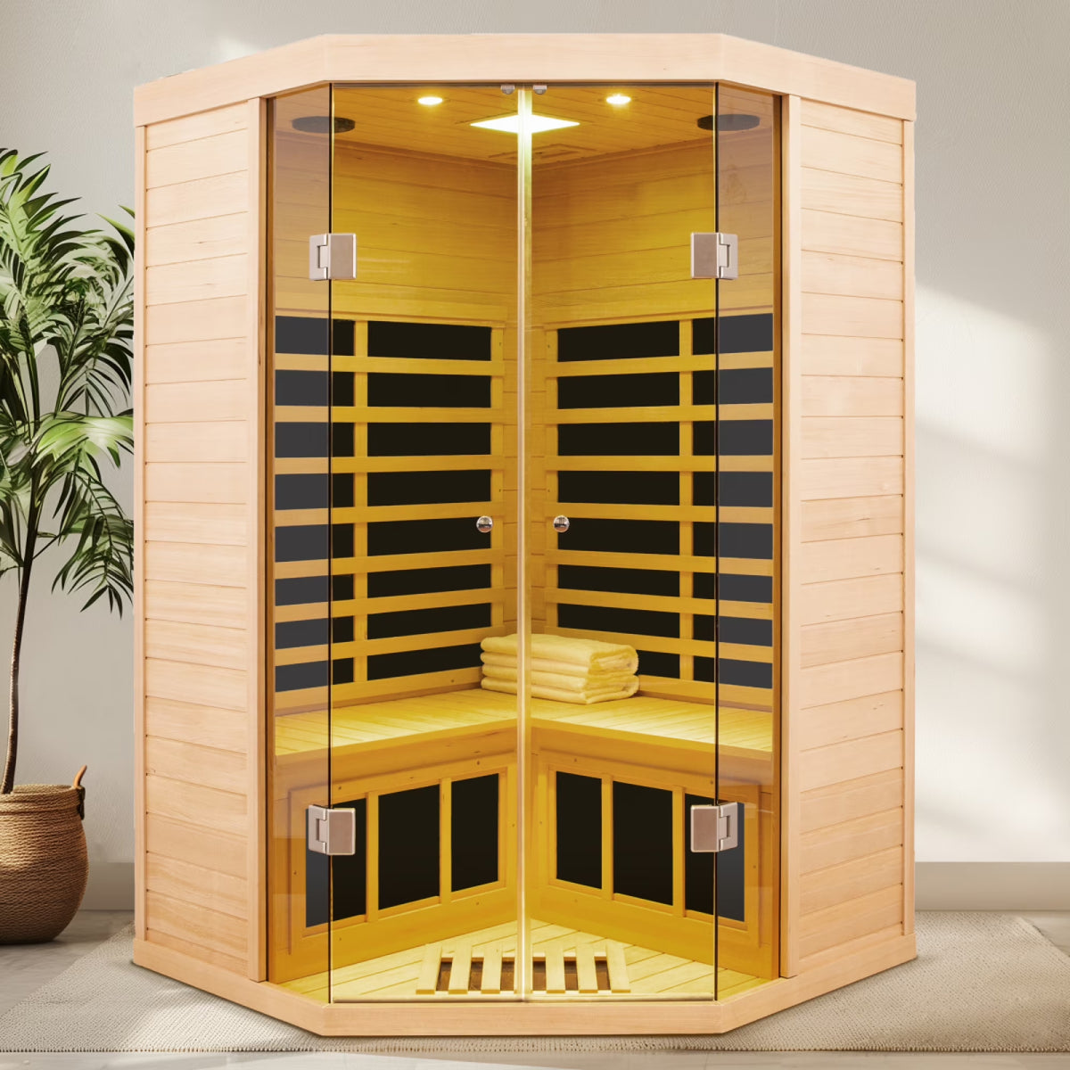 2-Person Corner Far Infrared Sauna Room - Hemlock Wood, Deluxe Transparent Glass Front, Large Capacity Home Sauna — product view 2