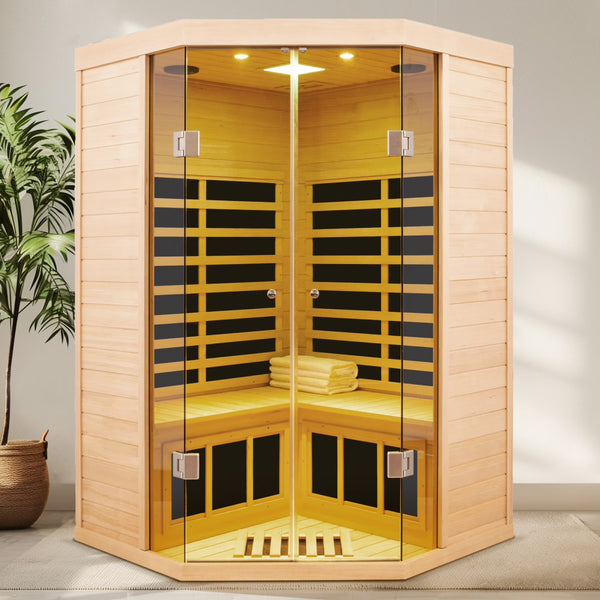 2-Person Corner Far Infrared Sauna – Hemlock & Glass Front