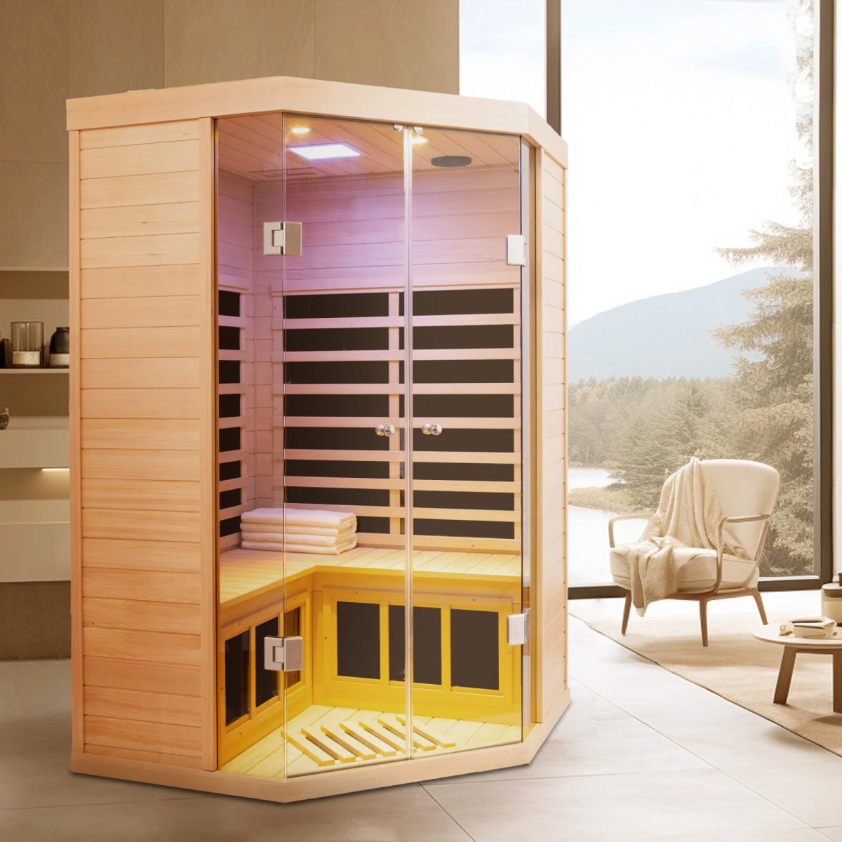 2-Person Corner Far Infrared Sauna Room - Hemlock Wood, Deluxe Transparent Glass Front, Large Capacity Home Sauna — product view 3