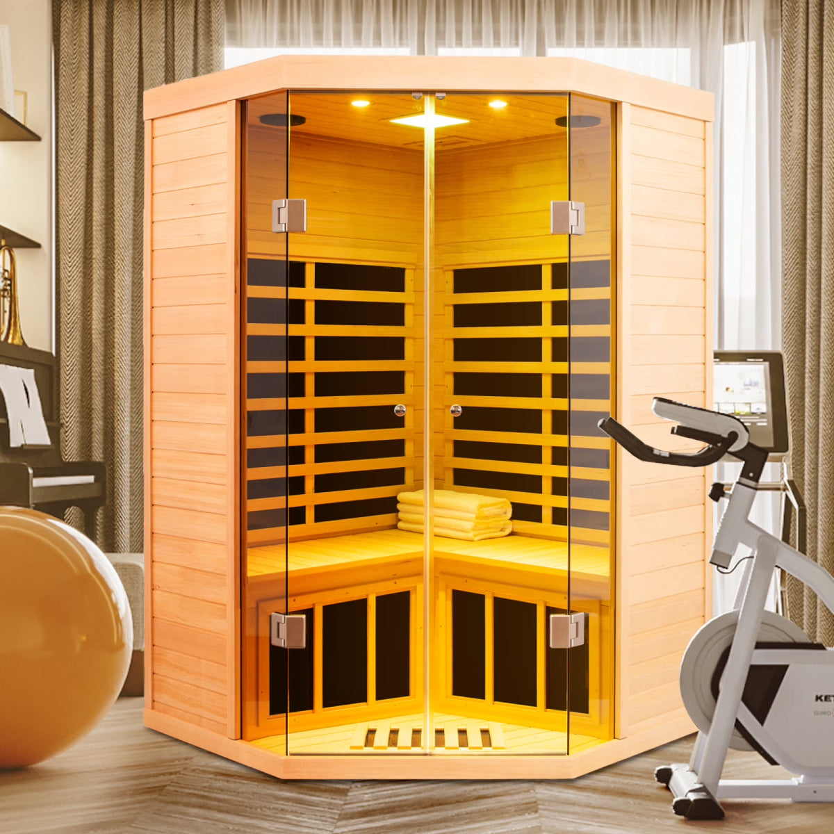 2-Person Corner Far Infrared Sauna Room - Hemlock Wood, Deluxe Transparent Glass Front, Large Capacity Home Sauna — product view 4