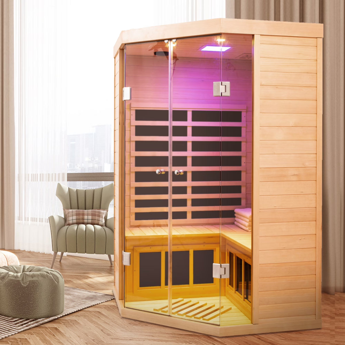 2-Person Corner Far Infrared Sauna Room - Hemlock Wood, Deluxe Transparent Glass Front, Large Capacity Home Sauna — product view 5