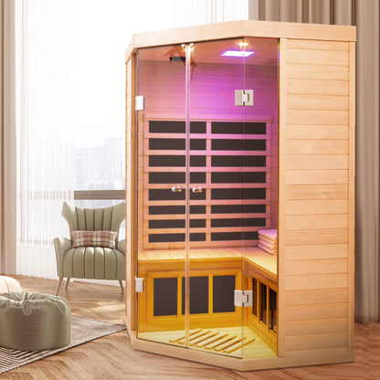 2-Person Corner Far Infrared Sauna Room - Hemlock Wood, Deluxe Transparent Glass Front, Large Capacity Home Sauna — product view 5