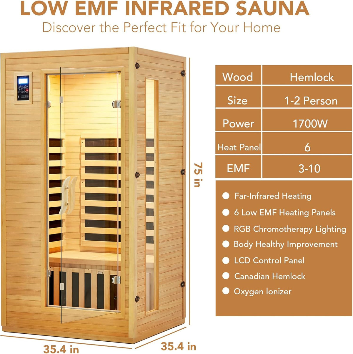 2024 Upgrade 1 to 2 Person Infrared Sauna, Low EMF Infrared Sauna for Home, Indoor Sauna Room, Hemlock Wooden Far Infrared Sauna, Dry Sauna with Bluetooth Speakers, LED Reading and Chromotherapy Lamp — product view 3