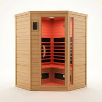Far Infrared Wooden Sauna Room, 2-3 Person Home Sauna Canadian Hemlock Indoor Corner Sauna Spa, 2 Bluetooth Speakers, 2 LED Reading Lamp, 3 Chromotherapy Lights