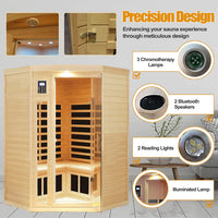 Far Infrared Wooden Sauna Room, 2-3 Person Home Sauna Canadian Hemlock Indoor Corner Sauna Spa, 2 Bluetooth Speakers, 2 LED Reading Lamp, 3 Chromotherapy Lights — product view 10