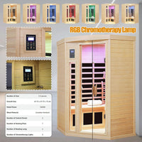 Far Infrared Wooden Sauna Room, 2-3 Person Home Sauna Canadian Hemlock Indoor Corner Sauna Spa, 2 Bluetooth Speakers, 2 LED Reading Lamp, 3 Chromotherapy Lights — product view 11