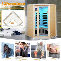Far Infrared Wooden Sauna Room, 2-3 Person Home Sauna Canadian Hemlock Indoor Corner Sauna Spa, 2 Bluetooth Speakers, 2 LED Reading Lamp, 3 Chromotherapy Lights — product view 12