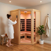 Far Infrared Wooden Sauna Room, 2-3 Person Home Sauna Canadian Hemlock Indoor Corner Sauna Spa, 2 Bluetooth Speakers, 2 LED Reading Lamp, 3 Chromotherapy Lights — product view 2