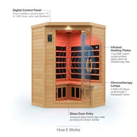 Far Infrared Wooden Sauna Room, 2-3 Person Home Sauna Canadian Hemlock Indoor Corner Sauna Spa, 2 Bluetooth Speakers, 2 LED Reading Lamp, 3 Chromotherapy Lights — product view 3
