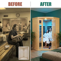 Far Infrared Wooden Sauna Room, 2-3 Person Home Sauna Canadian Hemlock Indoor Corner Sauna Spa, 2 Bluetooth Speakers, 2 LED Reading Lamp, 3 Chromotherapy Lights — product view 4