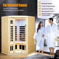 Far Infrared Wooden Sauna Room, 2-3 Person Home Sauna Canadian Hemlock Indoor Corner Sauna Spa, 2 Bluetooth Speakers, 2 LED Reading Lamp, 3 Chromotherapy Lights — product view 8