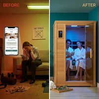 Far Infrared Wooden Sauna Room, 2-3 Person Home Sauna Canadian Hemlock Indoor Corner Sauna Spa, 2 Bluetooth Speakers, 2 LED Reading Lamp, 3 Chromotherapy Lights — Before & After