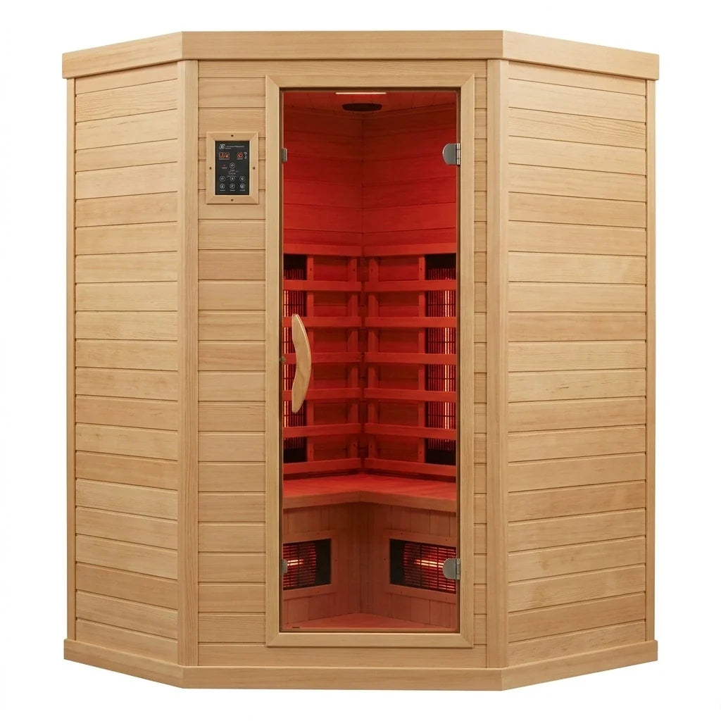 Far Infrared Wooden Sauna Room, 2-3 Person Home Sauna Canadian Hemlock Indoor Corner Sauna Spa, 2 Bluetooth Speakers, 2 LED Reading Lamp, 3 Chromotherapy Lights — Studio Shot