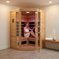 Far Infrared Wooden Sauna Room, 2-3 Person Home Sauna Canadian Hemlock Indoor Corner Sauna Spa, 2 Bluetooth Speakers, 2 LED Reading Lamp, 3 Chromotherapy Lights — Lifestyle