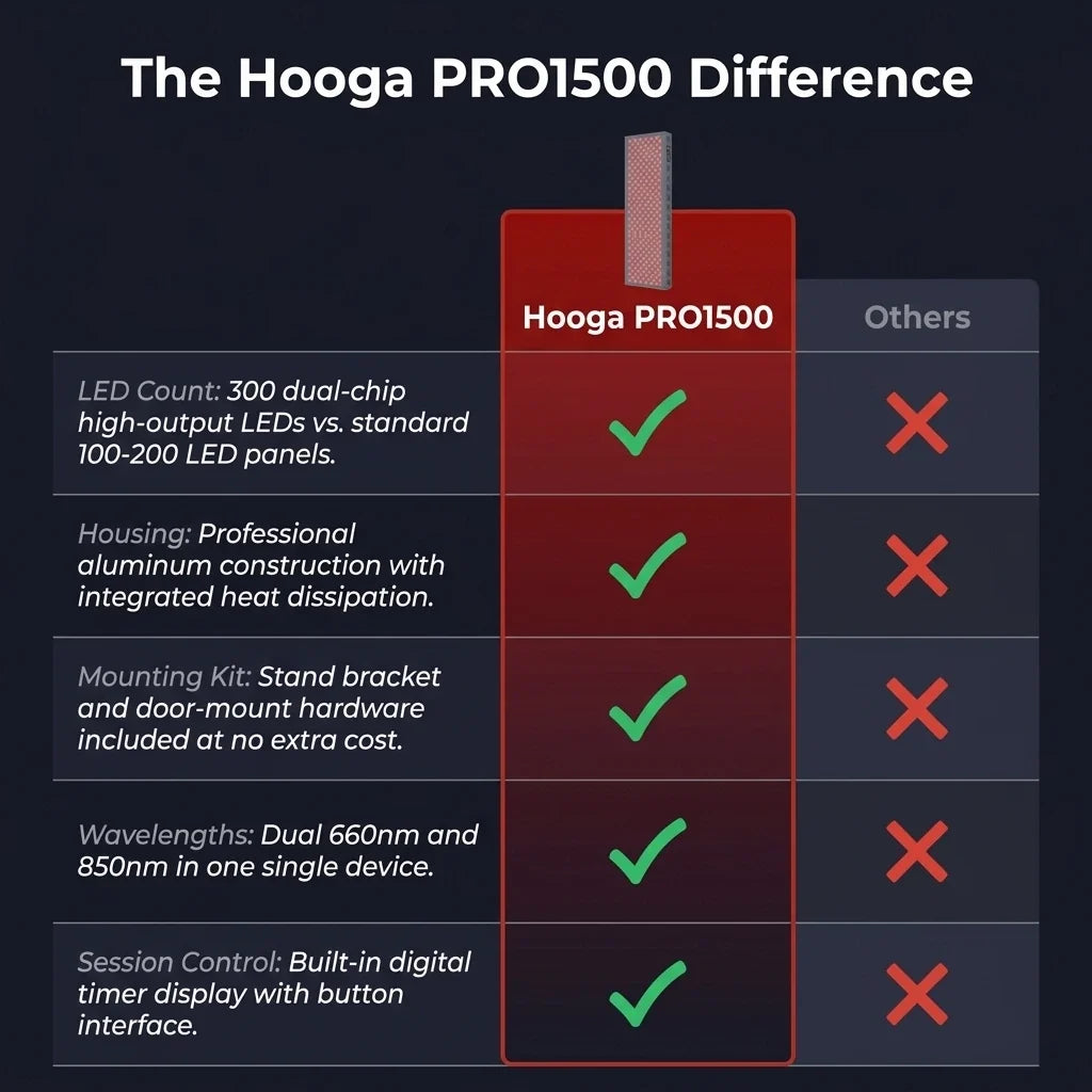 Hooga PRO1500 Red Light Therapy Panel – 300 LEDs, 660 & 850nm — Comparison