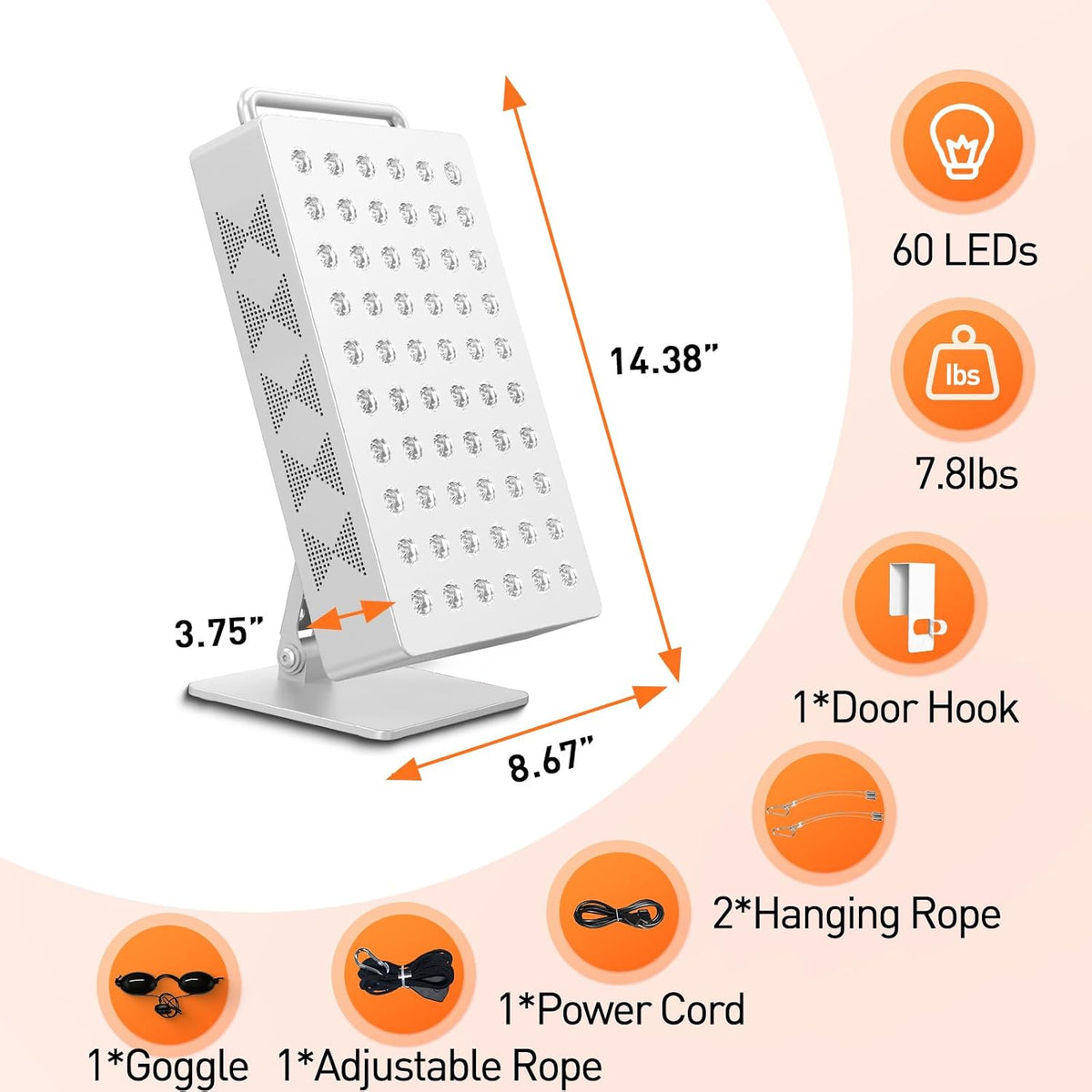 Red Light Therapy Panel 5 Wavelength 60 Dual Chip Leds 630+660+810+830+850Nm Red and near Infrared Lamp Therapy Device 100W with Timer & Stand for Body Pain Relief Face Skin Health Sleep White — product view 6